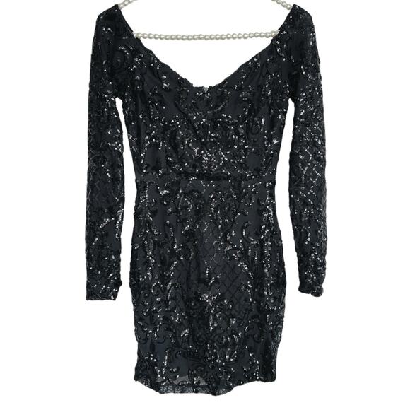 Fairy Goth Witchy Bodycon Sequin Mini Dress Womens XS L/S‎ NYE Party Glam HOCO - Picture 1 of 12